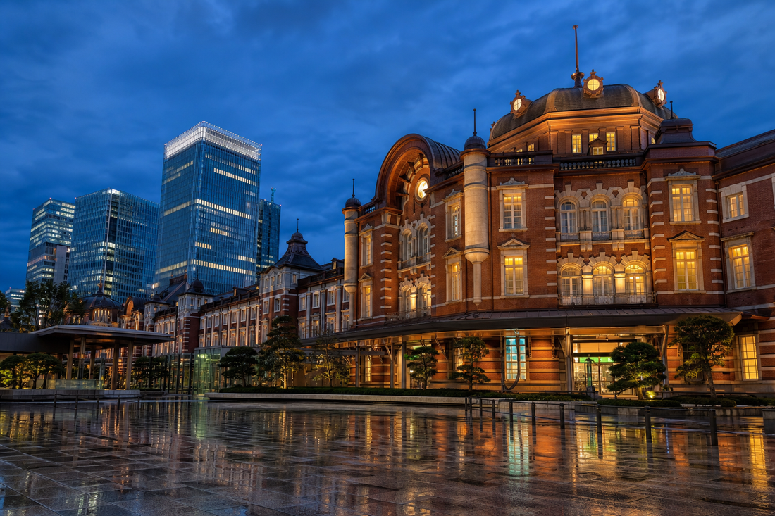 Tokyo Station Marunouchi red-brick facade at dusk
