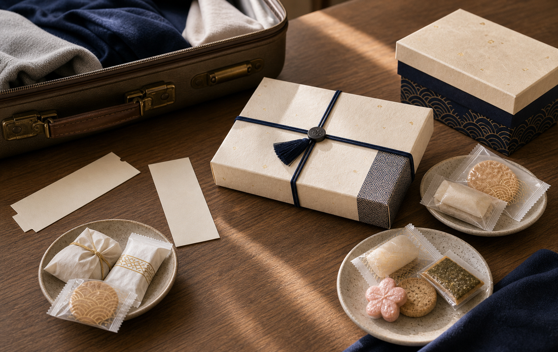 Japanese snacks on a table after a trip to Japan with a folded receipt, train ticket, and open suitcase nearby