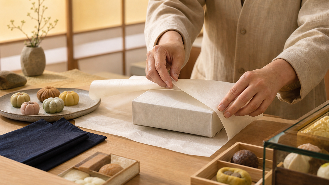 Hands wrapping a box of Japanese sweets in white washi paper across a wooden counter, soft cream and gold light