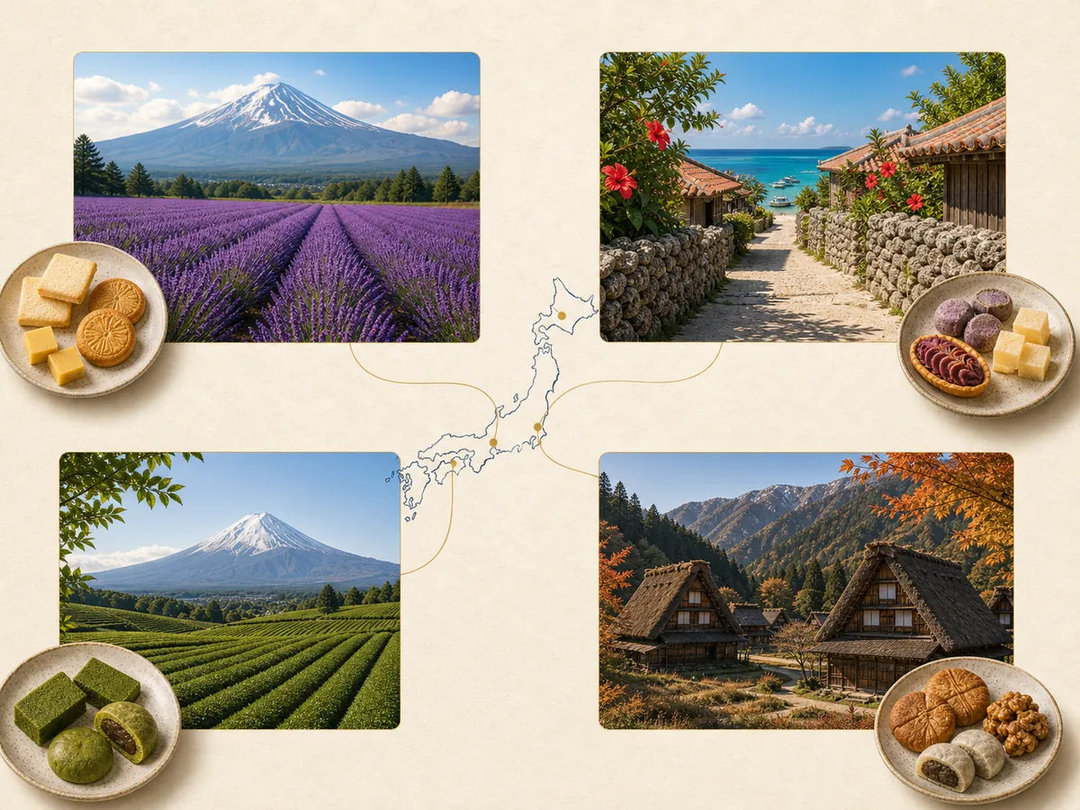Four regions of Japan connected by a map and local snacks
