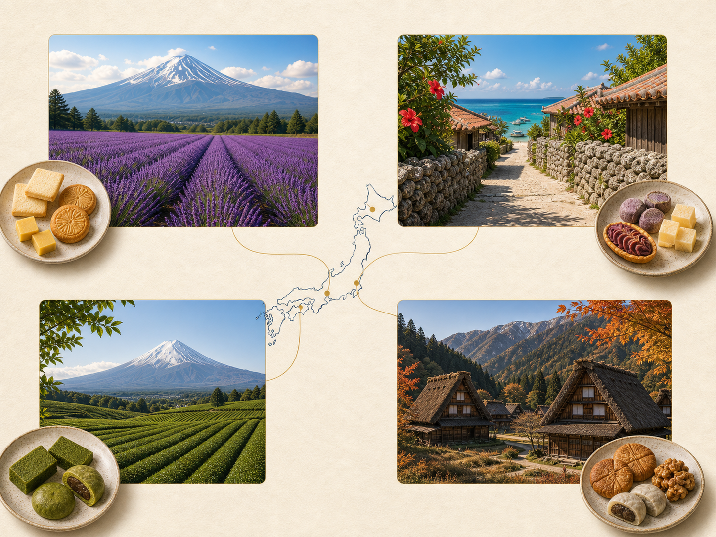 Four regions of Japan connected by a map and local snacks