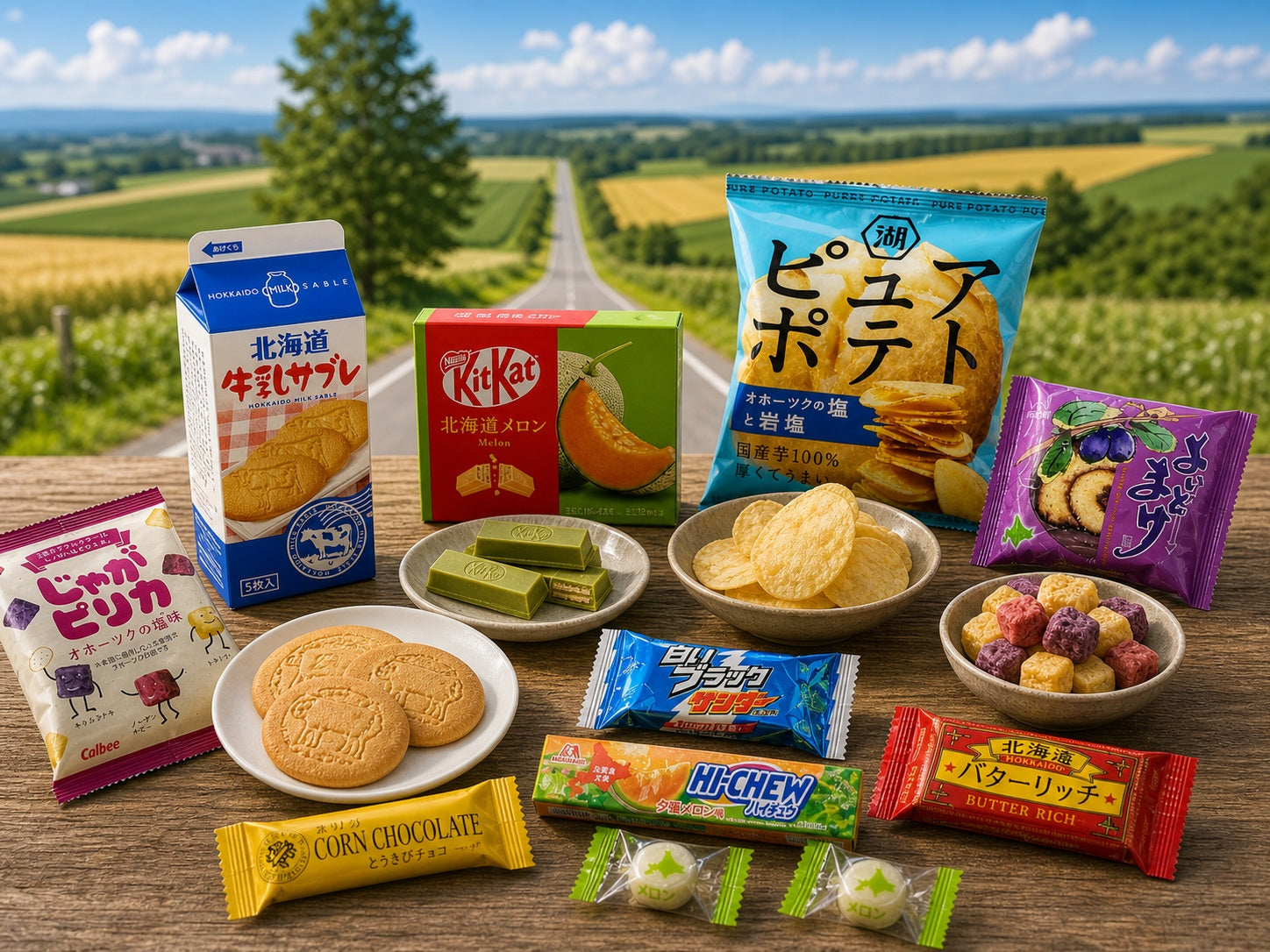 FUJIRI Hokkaido snacks with Hokkaido road and fields