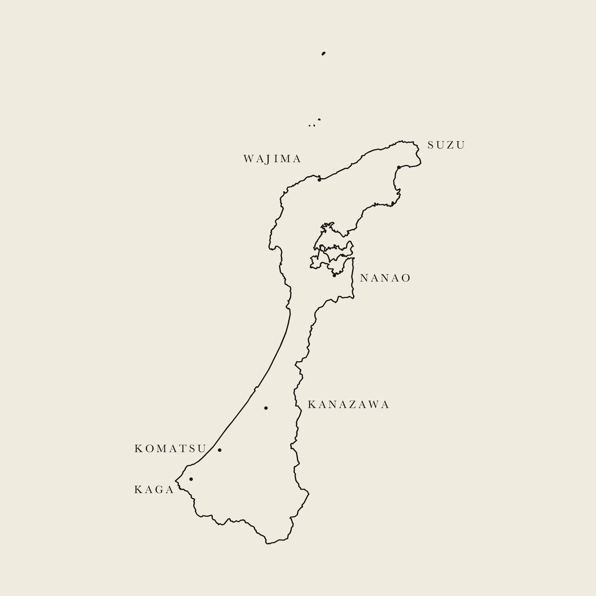 Illustrated map of Ishikawa Prefecture — six places along the Hokuriku coast