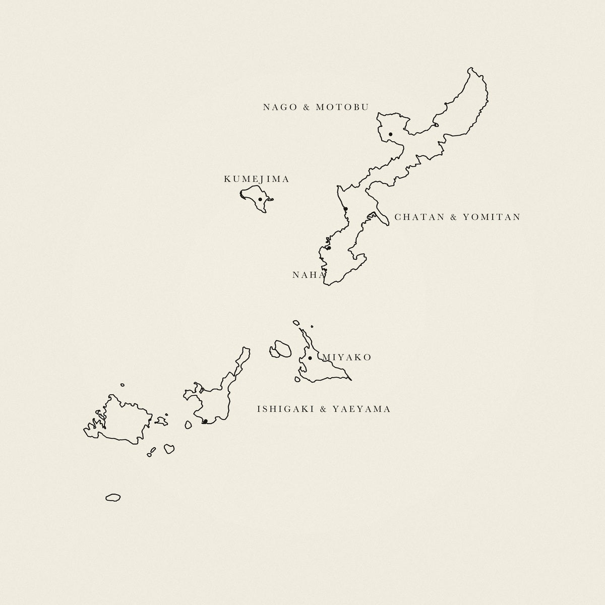 Illustrated map of Okinawa — six places across the archipelago