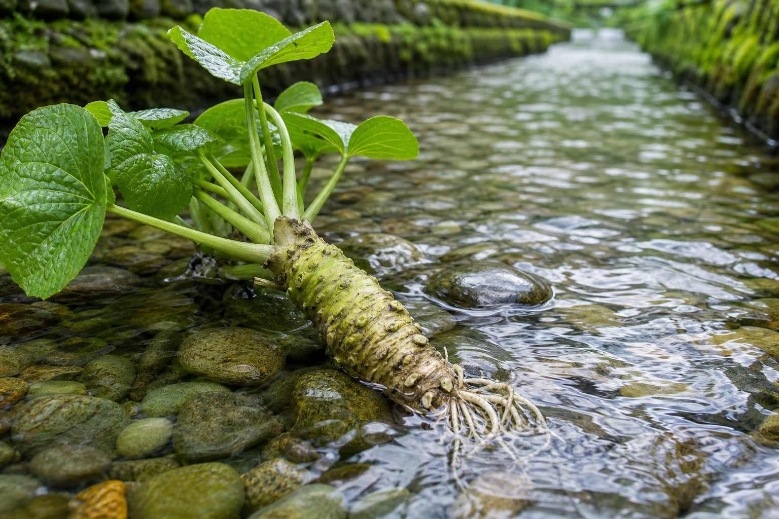 Utogi wasabi growing in mountain stream water
