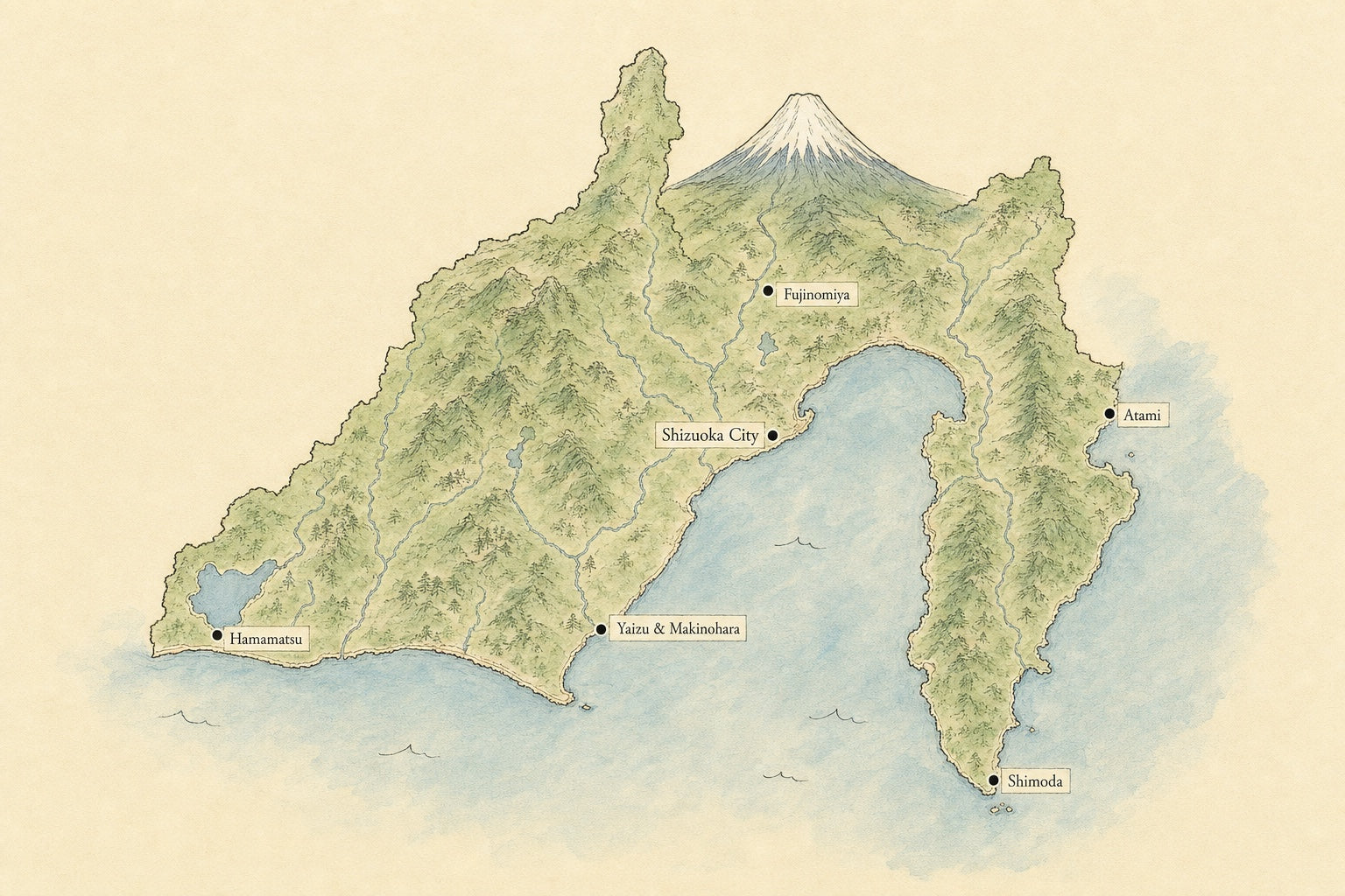 Illustrated map of Shizuoka Prefecture — six places along the Pacific coast