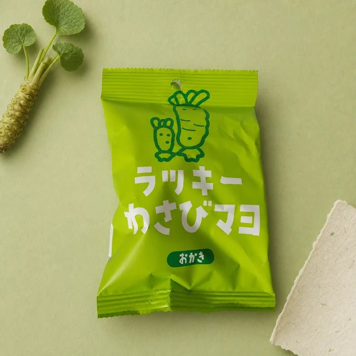 Lucky Wasabi Mayo rice snacks on a pale green Shizuoka-inspired background