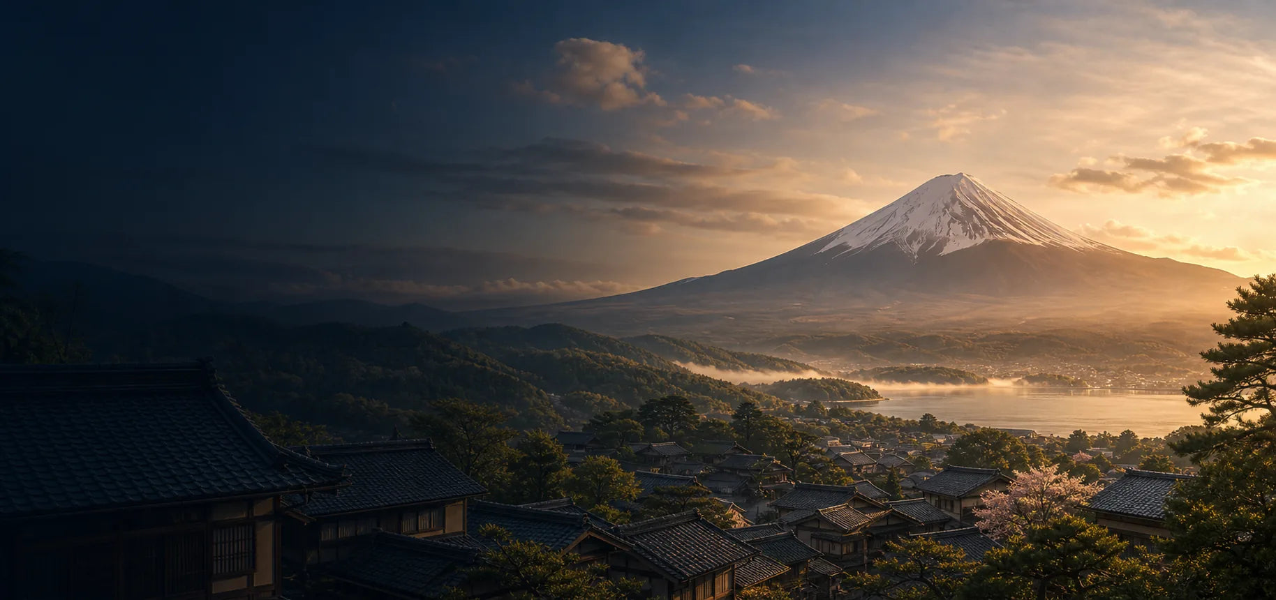Mount Fuji and a Japanese town