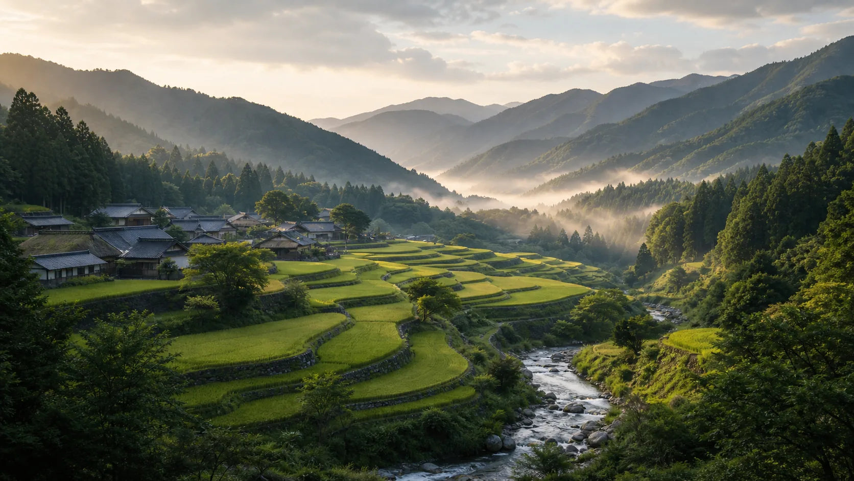 Terraced fields and Japanese mountain village