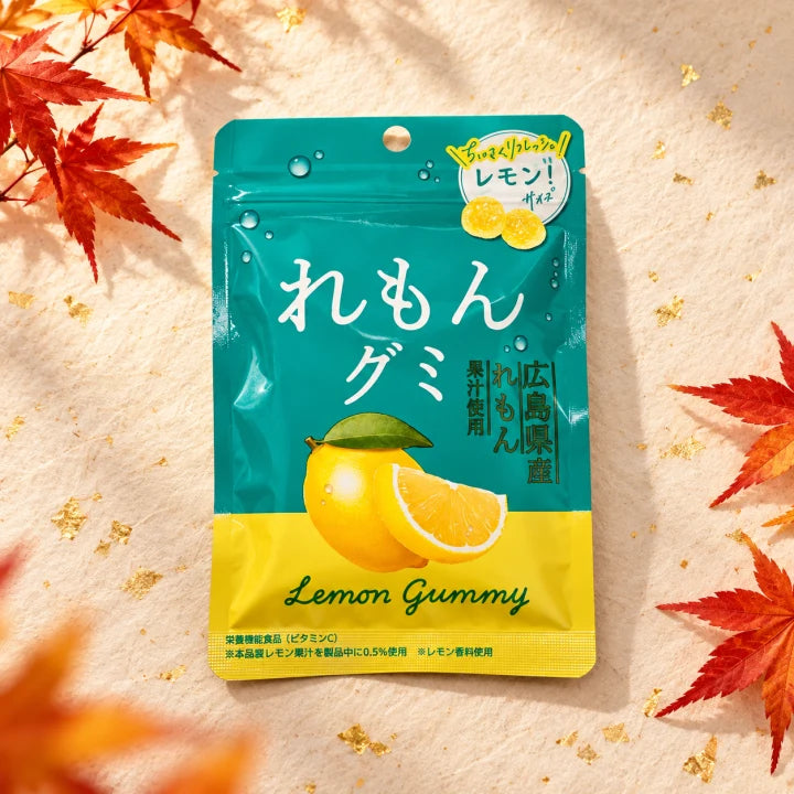 Hiroshima Lemon Gummy package with autumn leaves